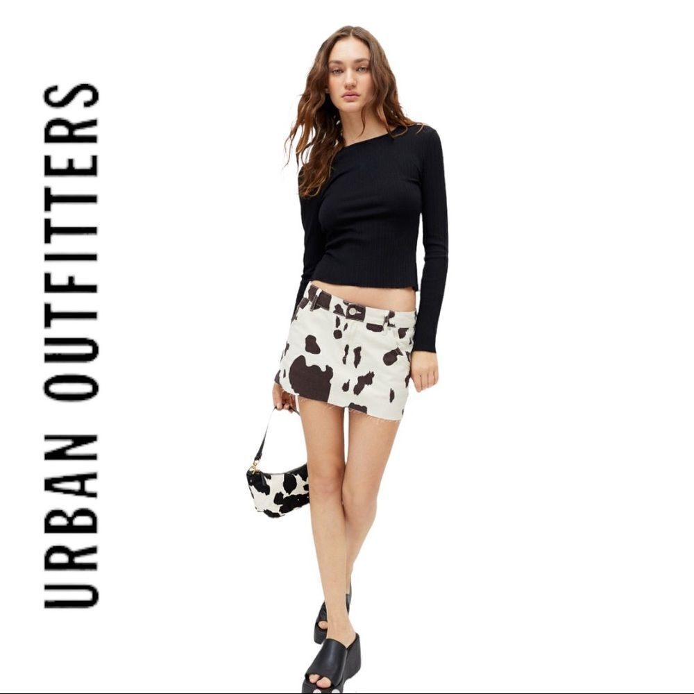 NEW Urban Outfitters UO Cow Print Denim Mini Skirt S L
